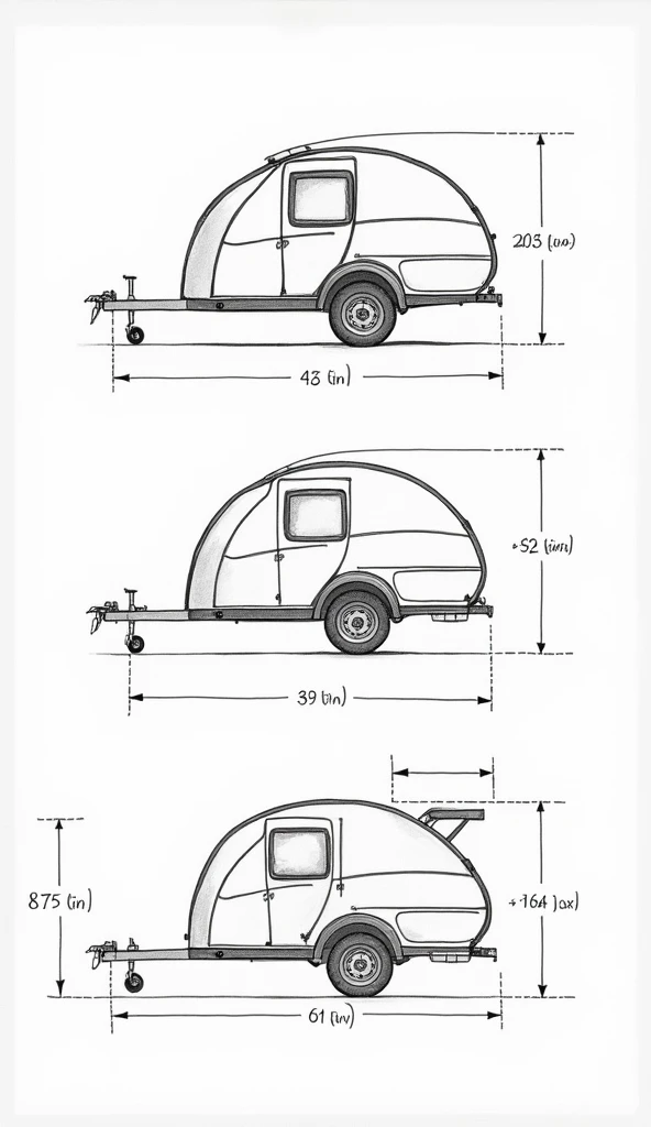 A technical blueprint of a compact teardrop trailer, showing three views: side, front, and top. Each view is detailed, with precise measurements and dimensions. The trailer has a curved roof, a door on the side, and an openable rear hatch. The measurements...