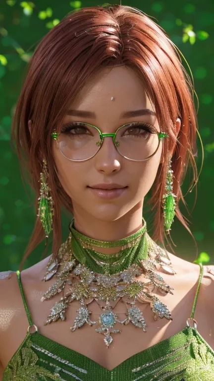 portrait, close-up, upper body. Short, red hair, green eyes, glasses with metal frames, green nightgown, joyful smile, cheerful girl . (masterpiece, top quality, best quality, official art, beautiful and aesthetically pleasing:1.2), extremely detailed,(fra...