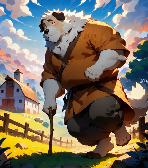 shepherd, plump middle-aged great pyrenees man, happy, light smile, costume, pants, pastoral stick, a flock of sheep, detailed painting landscape, afternoon, sheep farm, outdoor, BREAK full body in Michelangelo Buonarroti style, digital illustration anime,...