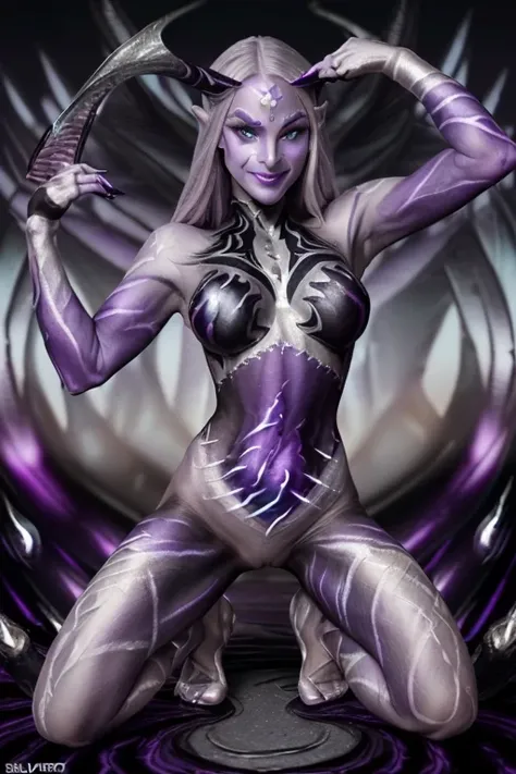 (sfw:1.3), high quality, elf, (full body purple body paint:1.5), (black gradient paint towards the tip of the arms and legs:1.5)...