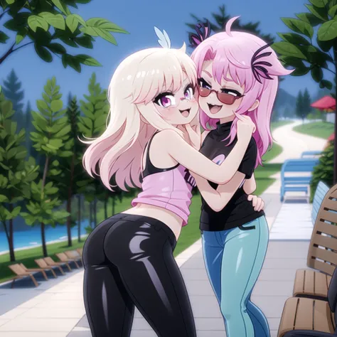 by mantis-x, young girls, tight pants, happy, they are french kissing, sexy, pink hair, sunglasses