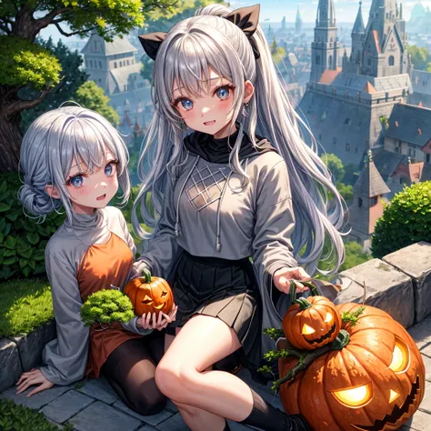 Rainbow orange silver hair、Rainbow Eyes、Wavy Hair、Hair tied up、Two cute、Checked mini skirt、Black T-shirt、Long sleeve、wearing a hood、Black knee-high socks、Teeth are visible、Ice Castle、Tilting face、lawn、In front of the city gate、The stone is cracked、Uneven g...