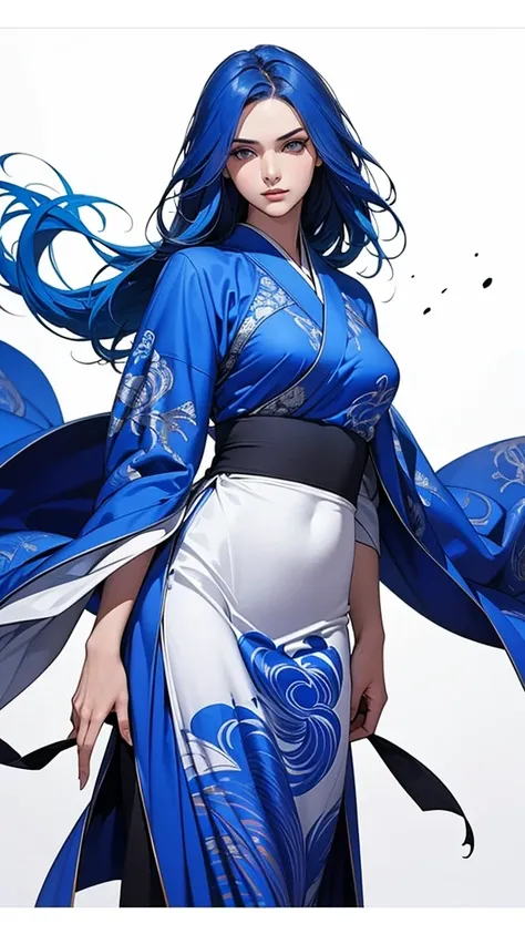 1 Girl, heroine, good looking, Splattered ink, Chinese Armor, (cowboy shot), beautiful blue Hair, Floating Hair, Delicate eyes, Antique black and royal blue damask patterned Hanfu, vision, (F1.8), (masterpiece), (Portrait Shot), Front shot, White Backgroun...