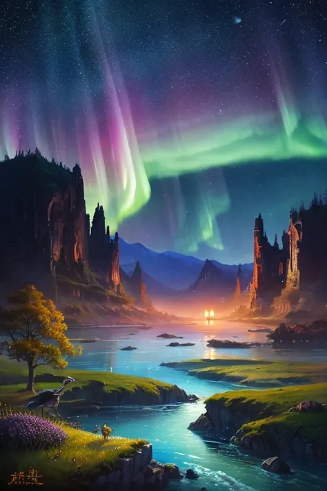 Best Quality、Landscape painting、Beautiful Aurora、Fantasy