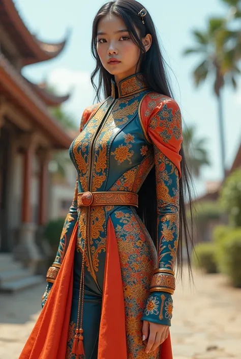 An Indonesian-styled futuristic suit worn by a girl depicting cultural fusion and modern fashion. The suit is adorned with intricate patterns and vibrant colors, showcasing the rich heritage of Indonesia. The girl stands confidently in a dynamic pose, with...