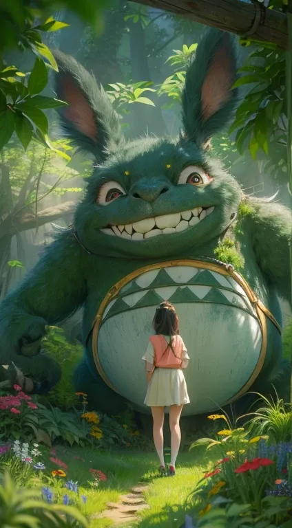 A young girl in a lush green forest, meeting a large, friendly Totoro creature for the first time, Totoro smiling affectionately, surrounded by vibrant green trees, colorful flowers, (best quality,4k,8k,highres,masterpiece:1.2),ultra-detailed,(realistic,ph...