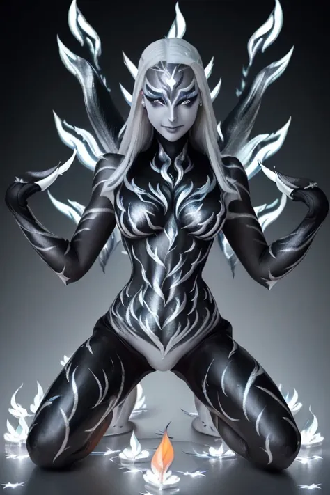 (sfw:1.3), high quality, elf, (full body silver body paint:1.5), (black gradient paint towards the tip of the arms and legs:1.5)...