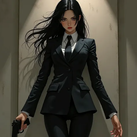 8k,woman,real character dressed in a suit and tie holding a gun, concept art inspired by Sadamichi Hirasawa, pixiv, shin hanga, !!full body portrait!!, full_body!!, full body!!, trigger anime artstyle, dark suit, kentaro miura art style, light yagami, offi...