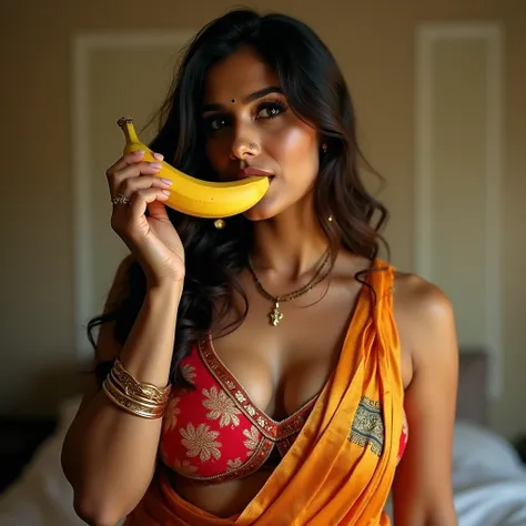 Indian milf with big tits and ass wearing saree showing off her perfect round ass sucking banana