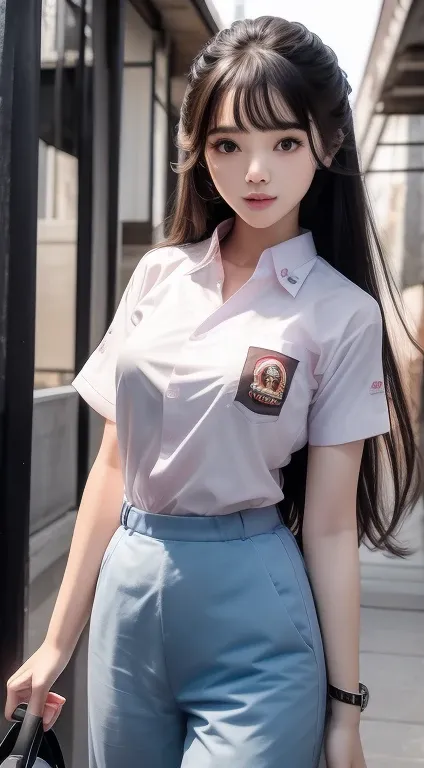 4k ultra hd, masterpiece, very high quality, a girl, age 20 years old girl, good face, smooth face, detailed eyes, beautiful hair, very long hair, hair band, cute look, modern clothes, pink shirt, black  jeans, good shoes, morning background, buildings, su...