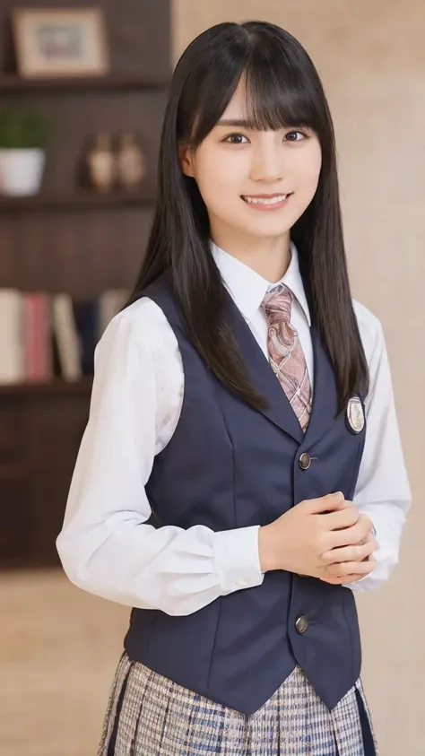 one girl,checked skirt,navy blue vest,tie,(raw photos, best quality),classroom,(rough up hairstyle hair:1.3),,(realistic, photo-...