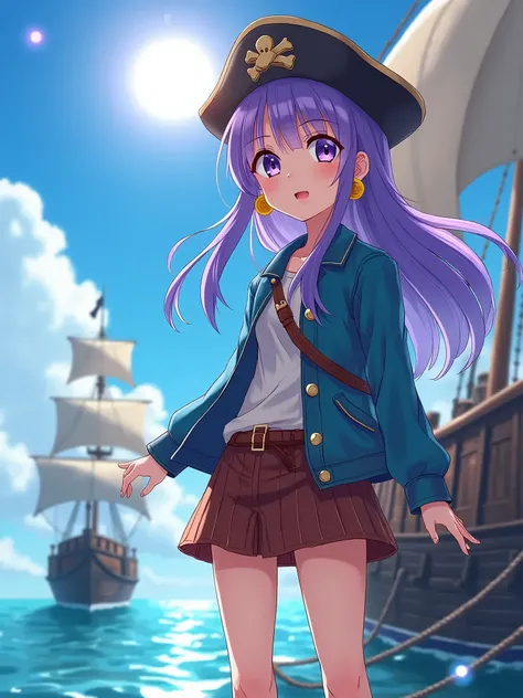 daytime, little clouds on the blue sky, sun, girl with long purple hair, purple eyes, pinkish lips, coin earrings, pirate hat, light skin, blue jacket, leather skirt, showing legs and feet, full body shot, boots, pirate ship, 8k resolution, anime style