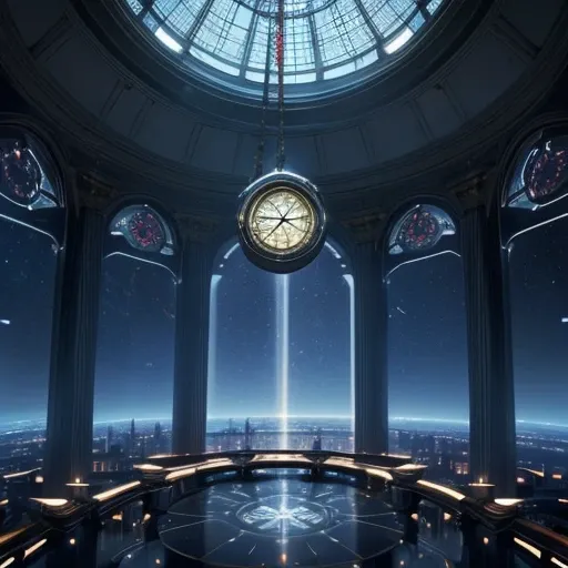 ((Best quality)), (((masterpiece))), dynamic lighting, A large clock overlooking the world from space, Many parts, many gears, Glass floor, 