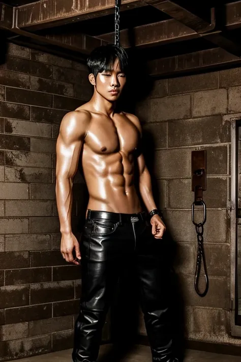 sweaty shirtless kpop man chained to the ceiling of a dimly lit basement by his wrists wearing wet leather pants moaning 