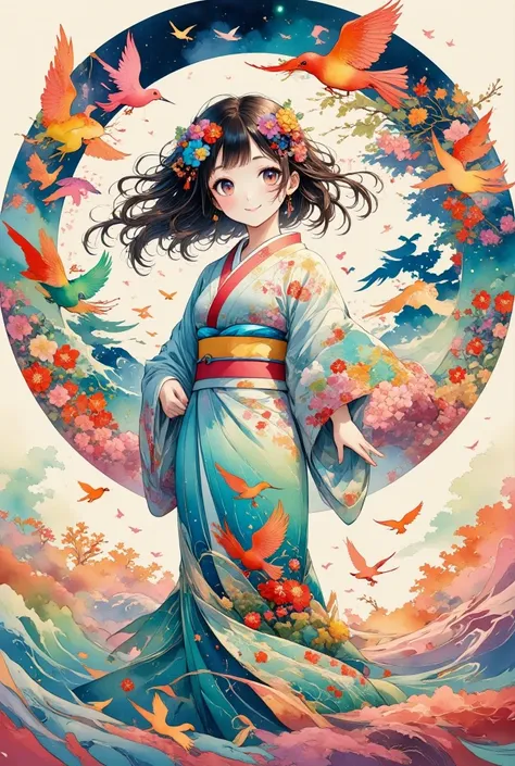 a tranquil scene featuring a girl in a traditional japanese kimono, colorful birds fly around、standing gracefully. birds are dep...