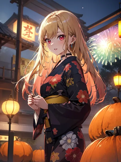 firework:1.5, Autumn Festival, yukata, masterpiece, highest quality, Kitagawa Marin, 1girl, blonde hair, long hair, multicolored hair, red eyes, jewelry, earrings, piercing, black choker, UHD, retina, masterpiece, accurate, anatomically correct, textured s...