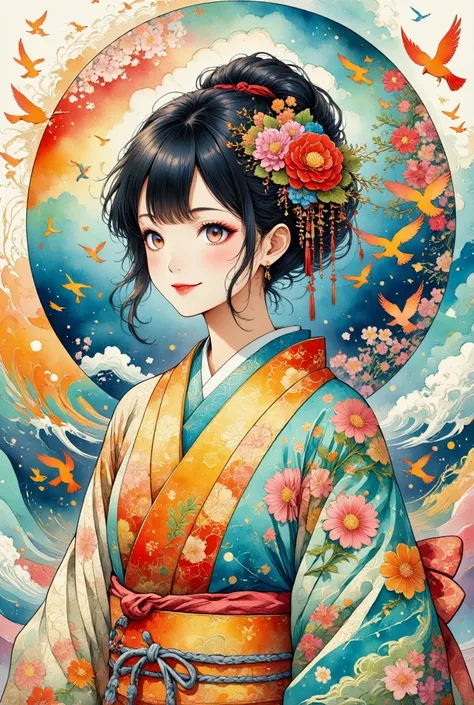 a tranquil scene featuring a girl in a traditional japanese kimono, colorful birds fly around、standing gracefully. birds are dep...