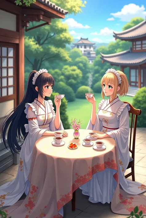 Anime Japanese beauty Yamato Nadeshiko, a Japanese woman with long black hair and a foreign maid with short blonde hair wearing a white maid uniform are having a tea party together outside a mansion