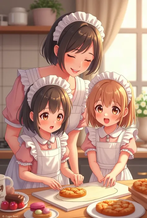 Anime mother and daughter in maid costumes, twin daughters making pastries