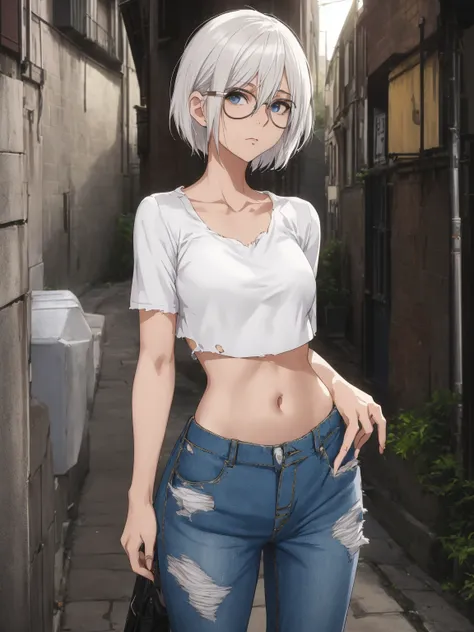 arafed woman Wearing glasses and a white top standing in a alley, Real life anime girls, Girl with short white hair, Anime Style and Fujifilm, Wearing glasses, wearing Casual clothing, Relaxed posture, Perfect white hair girl, 2b, 2b ..., Wearing a sexy cr...