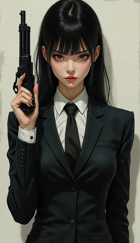 hyper Realistic,woman,real character dressed in a suit and tie holding a gun, concept art inspired by Sadamichi Hirasawa, pixiv, shin hanga, !!full body portrait!!, full_body!!, full body!!, trigger anime artstyle, dark suit, kentaro miura art style, light...