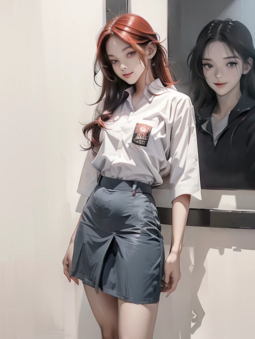 ((work of art: 1.4, best quality))+,(ultra detail)+, official art, unity 8k wallpaper, ultra detailed, beautiful, high quality, beautiful, work of art, best quality, (flat chest), whole body, Standing painting, white background, red hair, Dark eyes, black ...