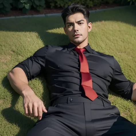 50 years old、One Man、Black Shirt、Red Tie、Black slim pants、garden。On the grass、Spread your legs、Lying down、Muscular, ,Very short perm、Stubble、Puerto Rican face　View from below　The crotch area of the pants is bulging