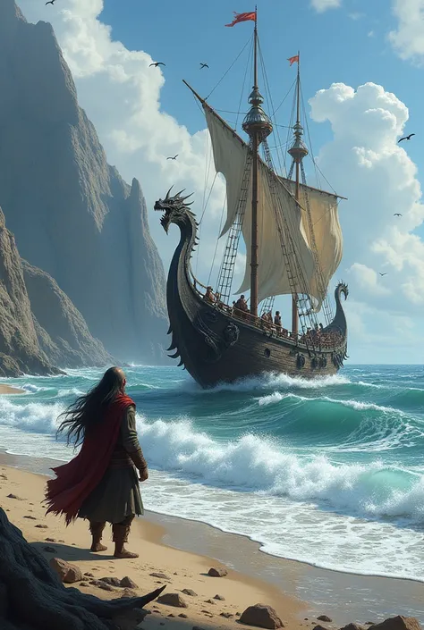 A Viking ship anchored on a wild beach, the crew on the ship observed the beauty of the place while on the beach there is a dwarf bard with long hair waiting for them
