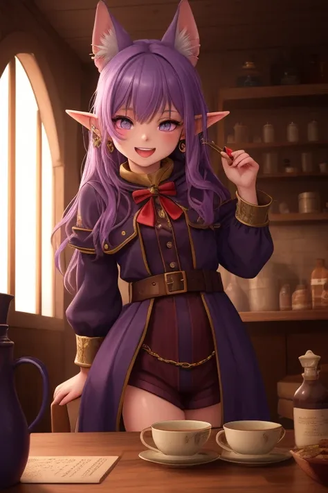 GobGirl, red skin, short, long ears, large ears, piercings, colored skin, monster_girl 1girl, pointy ears, goblin, shortstack, long pointy ears, earrings,ArsMJStyle, dnddarkestfantasy, The Room Is Full Of All Kinds Of Pots, small table, laughs, Eyes are bu...