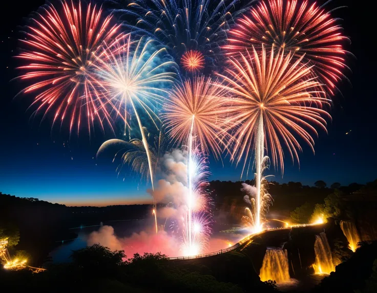 a spectacular fireworks display with long horizontal sparks cascading down, a waterfall-like flow of sparks, silhouettes of fire...