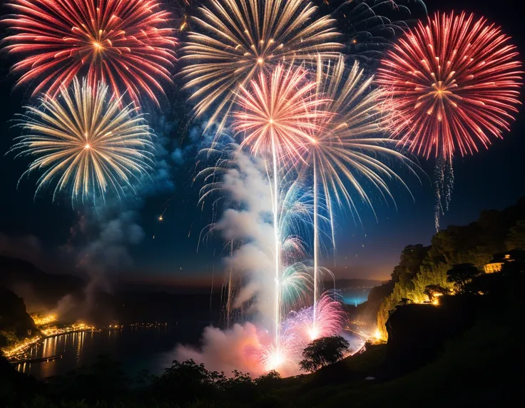 a spectacular fireworks display with long horizontal sparks cascading down, a waterfall-like flow of sparks, silhouettes of fire...