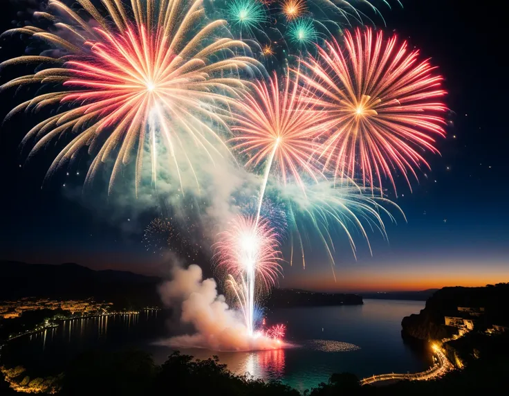 a spectacular fireworks display with long horizontal sparks cascading down, a waterfall-like flow of sparks, silhouettes of fire...