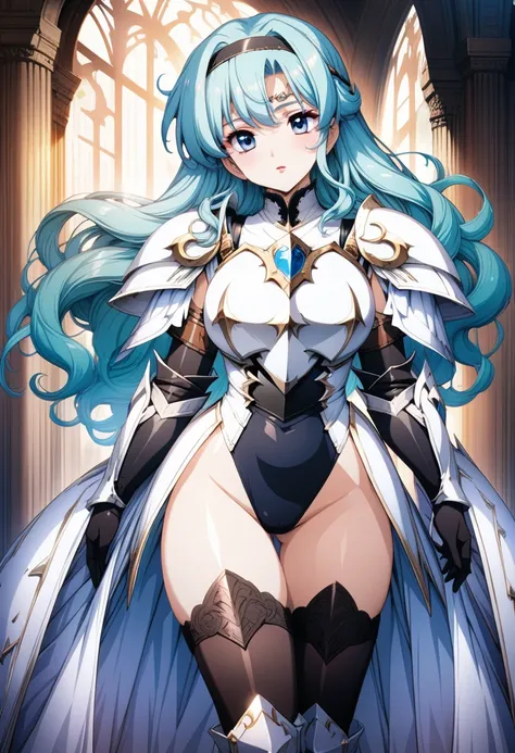 ((highest quality)),((masterpiece)),((anime colored)),(game cg), beautiful face, 1girl,((voluptuous)),(Alluring),(perfect face),((makeup)), ((princess dress: 1.3)), ((white paladin shoulder armor:1.4)),((black high-leg leotard armor: 1.5)), ((long gauntlet...