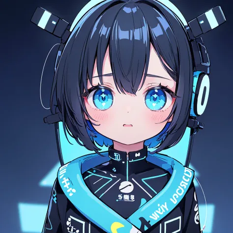 1girl,(((Best Quality、Masterpiece、Perfect Anatomy、Super detailed、High definition、)))、(top-quality)、Cyber Rock Punk Anime Girl,Black-haired,Droopy eyes,Half up,Neon Color Palette, Cyan and royal blue、headphone、