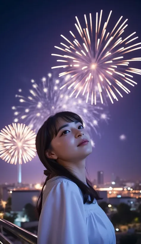 a girl on a ferris wheel looks at the sky in the distance. many bright fireworks are being set off in the distant sky.