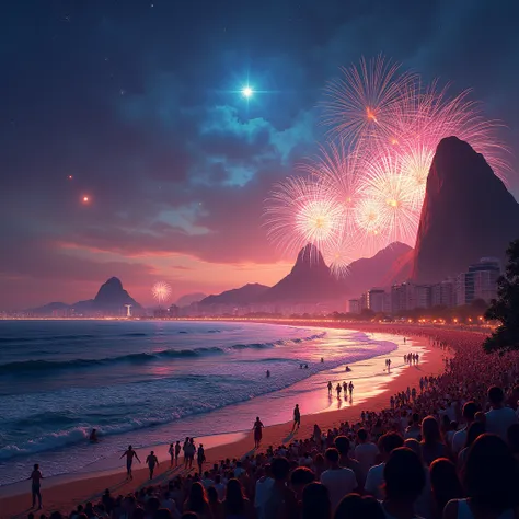 a vibrant summer night scene at copacabana beach in rio de janeiro, brazil, fireworks bursting in acid colors casting surreal reflections across the ocean, iconic pao de acucar and christ the redeemer statue in the background silhouetted against a dazzling...