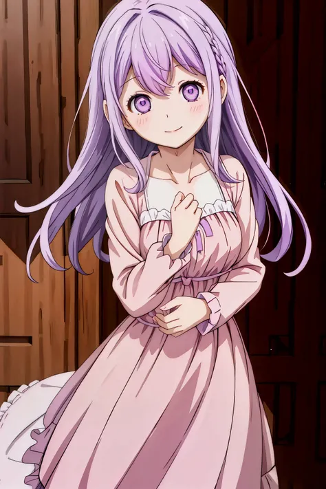 girl , long pastel purple hair , nice pink dress, long sleeve , pink purple eyes, smiling 