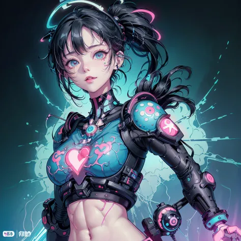 Poster、1girl,(((Best Quality、Masterpiece、Perfect Anatomy、Super detailed、High definition、)))、(top-quality)、Cyber Rock Punk Anime Girl,Black-haired,Droopy eyes,Half up,Neon Color Palette, Cyan and royal blue、headphone、Cute Smile、Absurd、