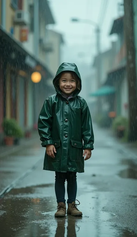 , 8 years, in a dark green raincoat plays in the rain. Rain is dripping from the sky, there are puddles everywhere. She is in the depth of the frame.. She smiles at the camera.