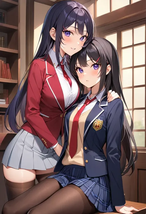 mai sakurajima、long hair、bangs、black hair、purple eyes、skirt、shirt、student uniform、白shirt、pantyhose、プリーツskirt、襟付きshirt、青いskirt、黒p...