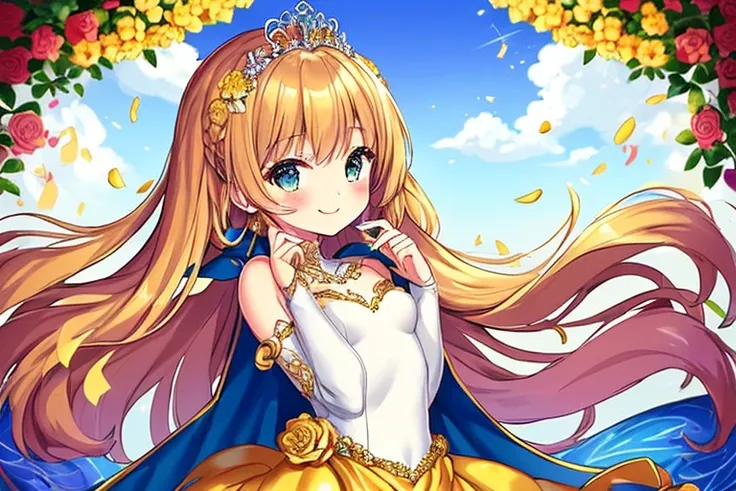 kawaii, best quality, rococo style,　upper body,(long train yellow cape:1.15), very long cape,(long train white ball gown with flower decorations:1.1), a girl is wearing a cape over her gown, 1 little princess, tiara, smile, very long hair, small breasts, l...