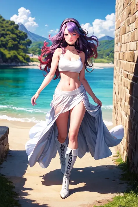 (8k, top quality, masterpiece: 1.2), (realistic, photorealistic: 1.37), super detailed, girl 1 person, , solo, medium breasts, beautiful detailed sky, detailed shore, midday, (blush), (smile: 1.15), (closed mouth), long hair, , [purple|light blue] _hair, s...