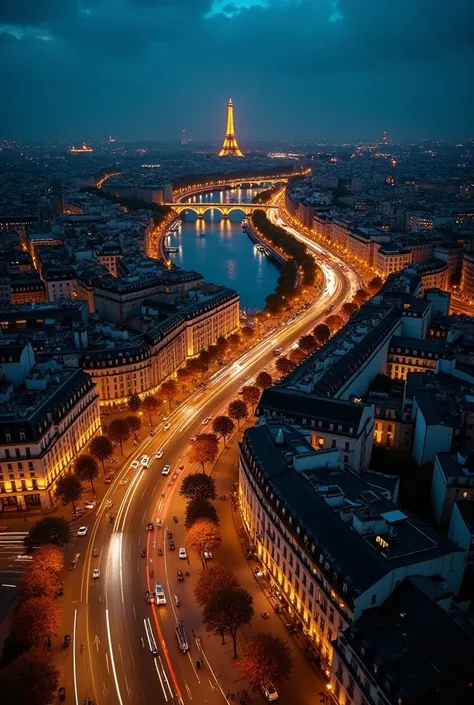 ((masterpiece)) ((photography)) Aerial view of Paris at night, with the Seine River winding through the city like a dark ribbon, reflecting the shimmering lights of the surrounding buildings. The streets below are alive with movement, as cars streak throug...