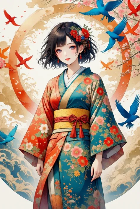 a serene scene featuring a girl in a traditional japanese kimono, standing gracefully as vibrant birds fly around her. the birds...