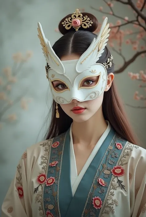 Beautiful woman wearing a Chinese hanfu mask that covers her entire face 