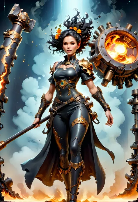 (sfw), (wide angle), 1woman, goddess of the forge, Hephaestus, ((blacksmith woman)), middle-aged woman in her 40s, slim well toned physique, ((medium length wavy with crimson roots fading to black tips)), burn scars on chest and arms, (wearing leather apro...