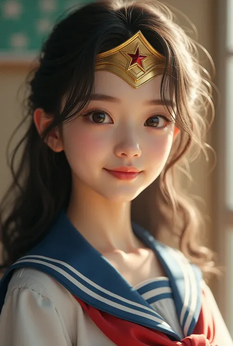 Japanese schoolgirl in uniform､Wonder Woman&#39;s Tiara，masterpiece、beautiful girl、fine 目、Swollen eyes、smile、live-action､reality的、A Shining Place、Best Quality, 超High resolution, (reality: 1.4), Cinema Lighting,so beautiful、Very cute face。Japanese 20 years ...