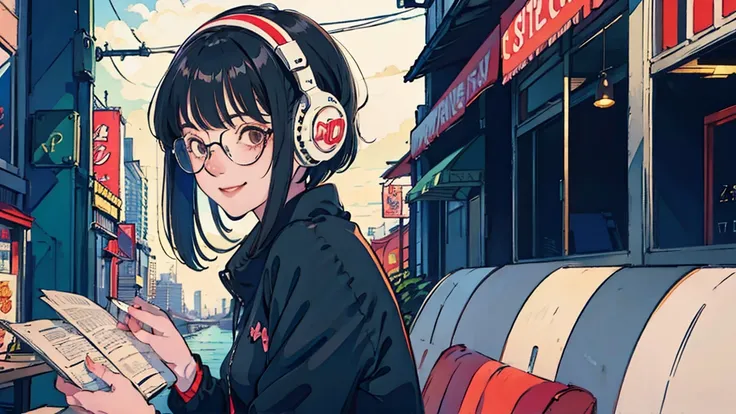 anime　girl　Black Hair　Glasses　concentrated　smile　Reading in a city cafe　Headphones　Short