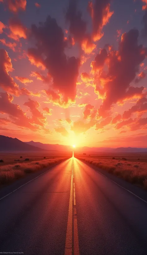 The never-ending road.Sunset、The sky is dyed with beautiful colors。Fantastic sky. crystal clear skies.High quality down to the smallest detail. fantastic landscape .