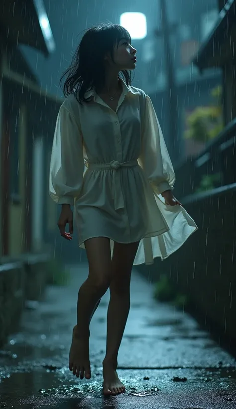 low angle shot figure jumping dress up wetting formal skirt costume change clothes wetting shirt in rain and moon light night expressing embarrassment and naive tension caused by pleasure with wetting whole body action Neat (clean, beautiful, simple) Japan...